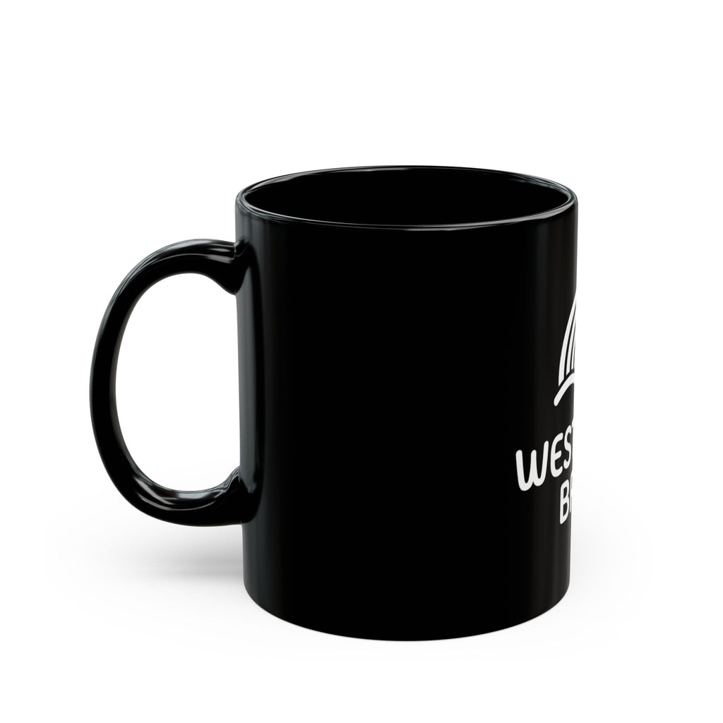 Westward Brew Coffee Mug — Black Ceramic 11oz/15oz with Retro Wave Logo