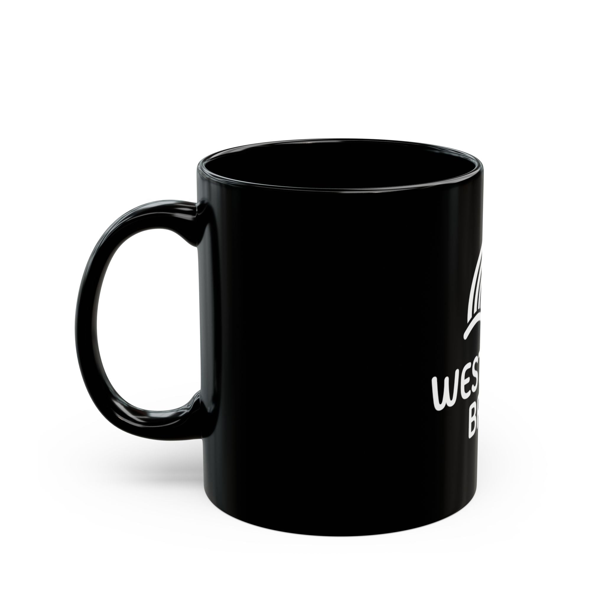 Westward Brew Coffee Mug — Black Ceramic 11oz/15oz with Retro Wave Logo
