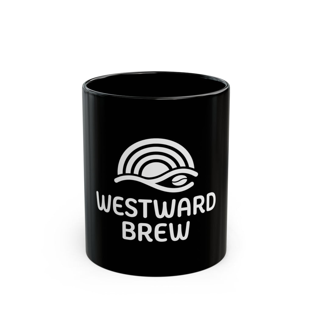 Westward Brew Coffee Mug — Black Ceramic 11oz/15oz with Retro Wave Logo