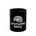 Westward Brew Coffee Mug — Black Ceramic 11oz/15oz with Retro Wave Logo